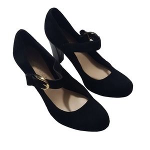 Franco Sarto "Daniela" black suede Mary Jane chunky heels